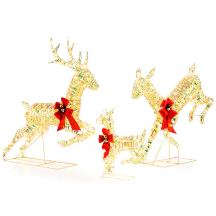 Front. Gymax - Gymax Christmas Lighted Reindeer w/ LED Lights & Red Bows Stakes - White.