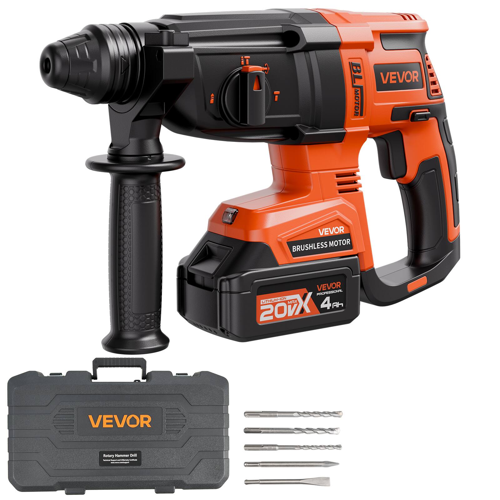VEVOR - 20V Brushless Cordless Hammer Drill, Lithium-Ion 1.1 Inch Rotary Hammer Driver - Orange;Black