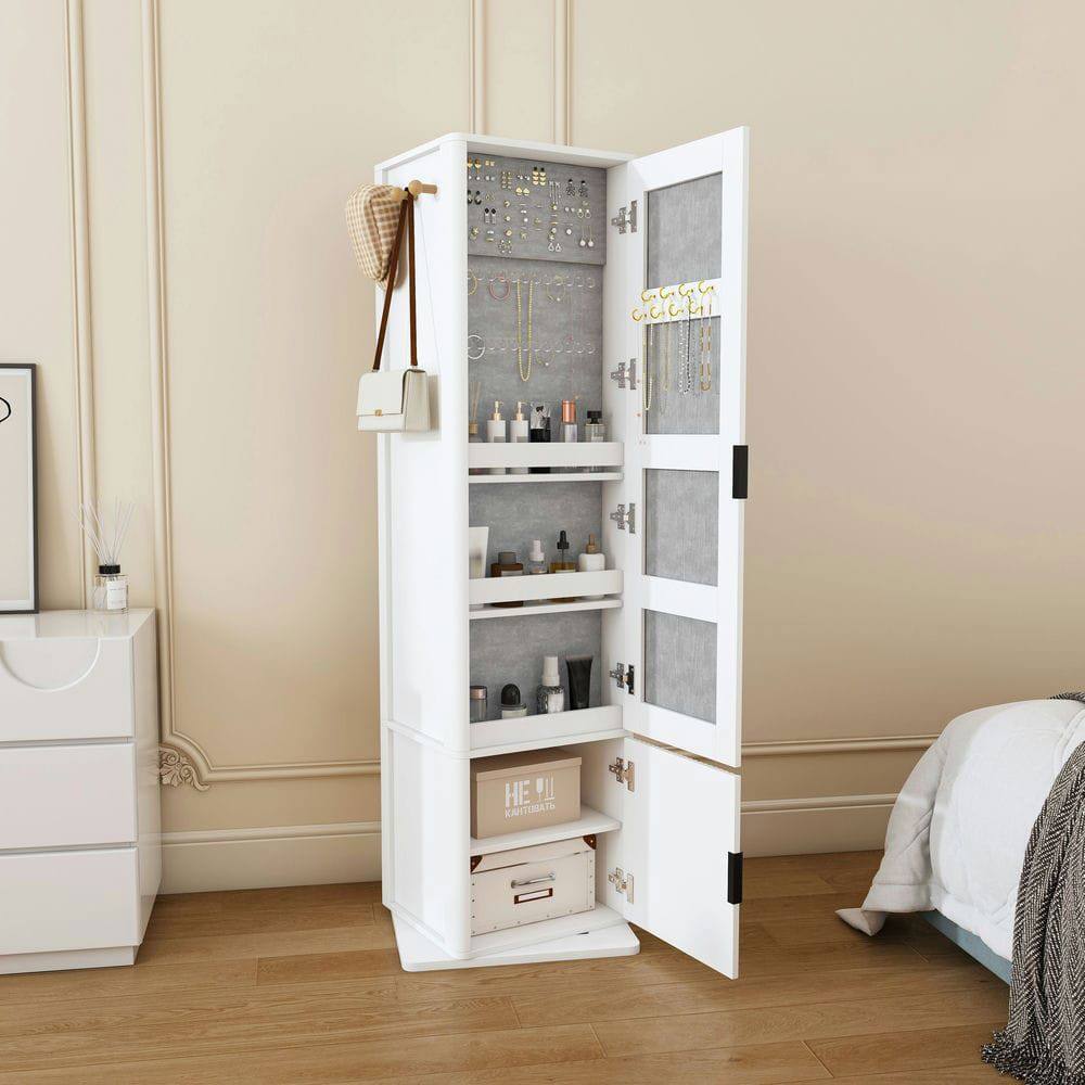 Left. Kadyn - 360° Rotating Makeup & Jewelry Cabinet, Full Length Mirror Cabinet with Coat Rack, 4 Open & 2 Built-In Shelves, White.