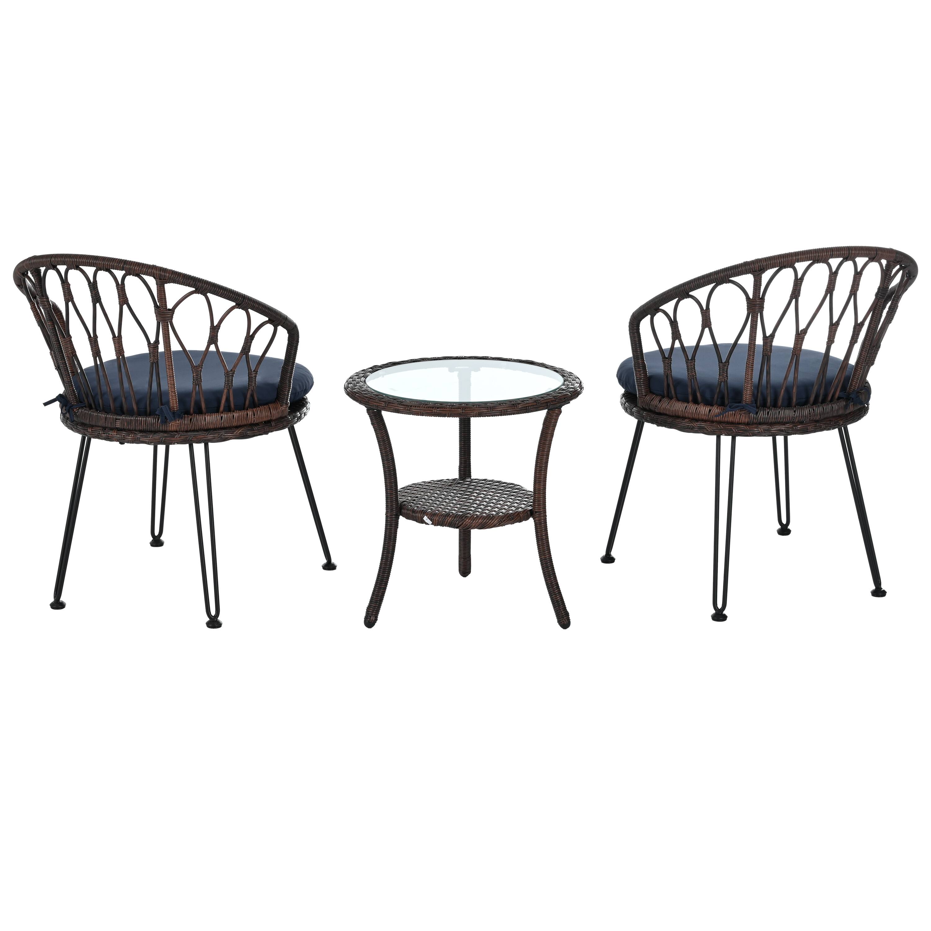 Alt View 1. Mondawe - 3-Piece Outdoor Leisure Set, 2 Rattan Single Chairs with A Glass Round Table - Brown+Blue.