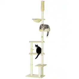 TinyHomie - Floor to Ceiling Cat Tree 90.5-98.5in Adjustable Height Cat Climbing Tower with Cozy Bed Hammock Scratching Posts - Beige