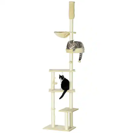 Front. TinyHomie - Floor to Ceiling Cat Tree 90.5-98.5in Adjustable Height Cat Climbing Tower with Cozy Bed Hammock Scratching Posts - Beige.