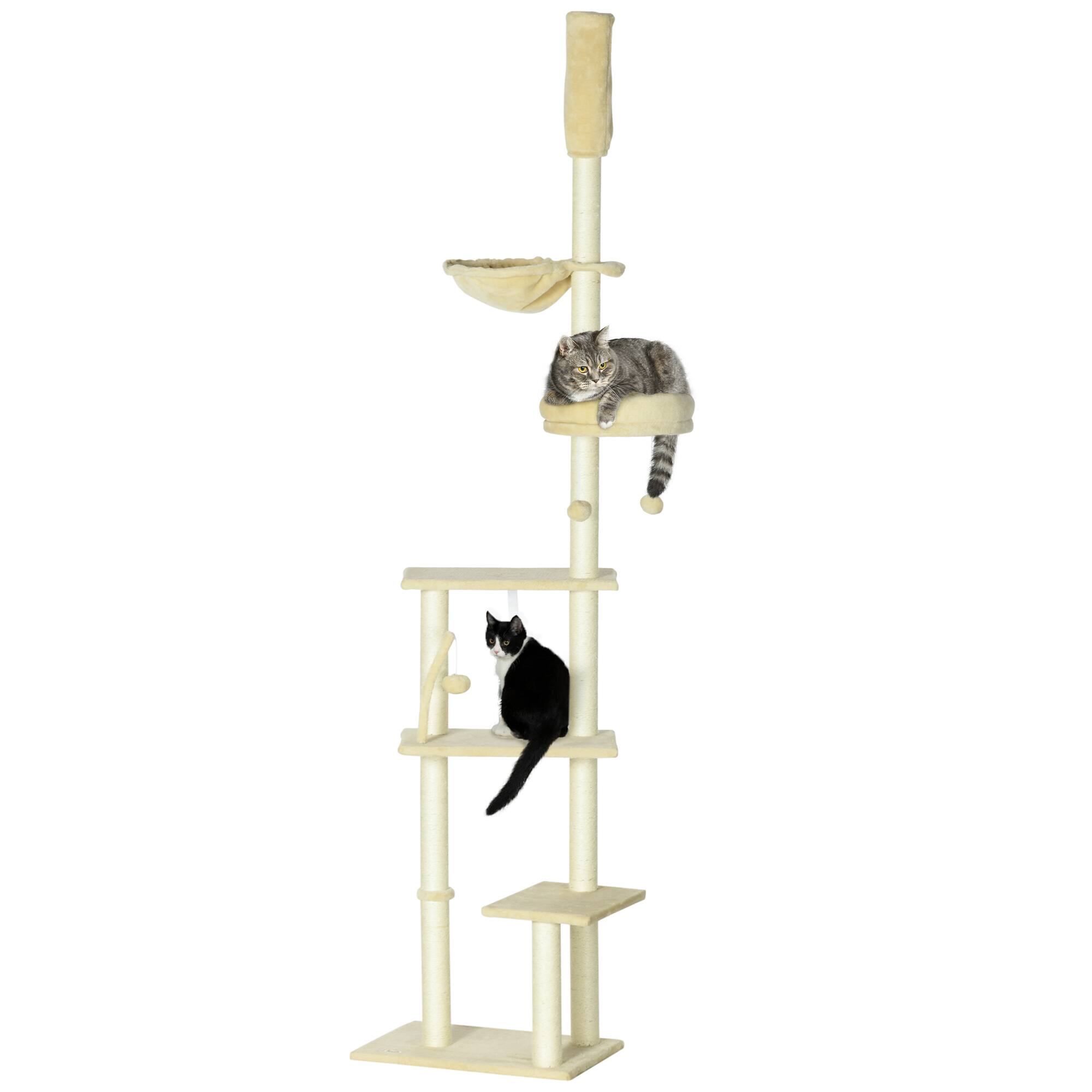 Front. TinyHomie - Floor to Ceiling Cat Tree 90.5-98.5in Adjustable Height Cat Climbing Tower with Cozy Bed Hammock Scratching Posts - Beige.