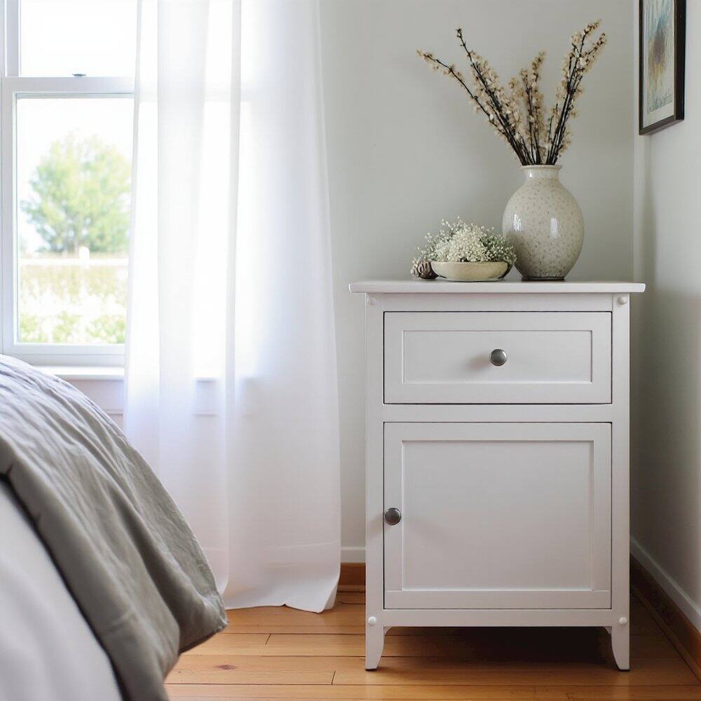 Alt View 2. FurniFact - Farmhouse End Table With Storage in White Finish, Wooden Side Table And Drawer - White.