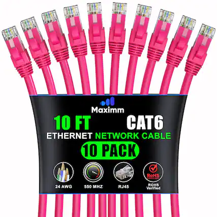 Maximm 10 FT CAT6 ETHERNET NETWORK CABLE 10 PACK
RoHS COMPLIANT
24 AWG
550 MHZ
RJ45
RoHS Verified