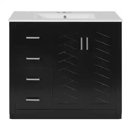 Front. Boyel Living - 36 Inch Bathroom Vanity with Ceramic Sink Solid Wood Frame 3 Drawers 2 Doors Black - Black.
