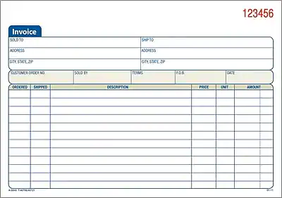 123456 Invoice
SOLD TO
ADDRESS
CITY, STATE, ZIP
SHIP TO
ADDRESS
CITY, STATE, ZIP
CUSTOMER ORDER NO.
SOLD BY
TERMS
FOR
DATE
ORDERED
SHIPPED
DESCRIPTION
PRICE
UNIT
AMOUNT