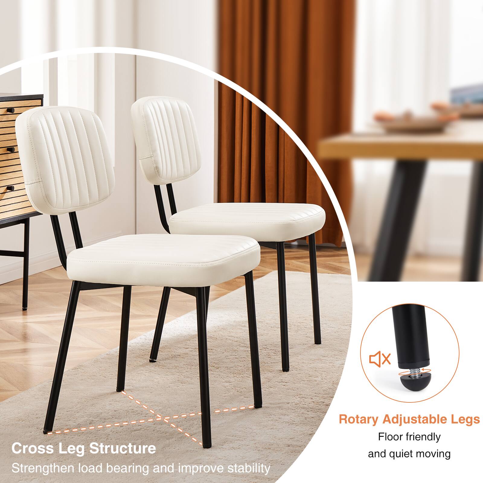 Cross Leg Structure  
Strengthen load bearing and improve stability  

Rotary Adjustable Legs  
Floor friendly and quiet moving