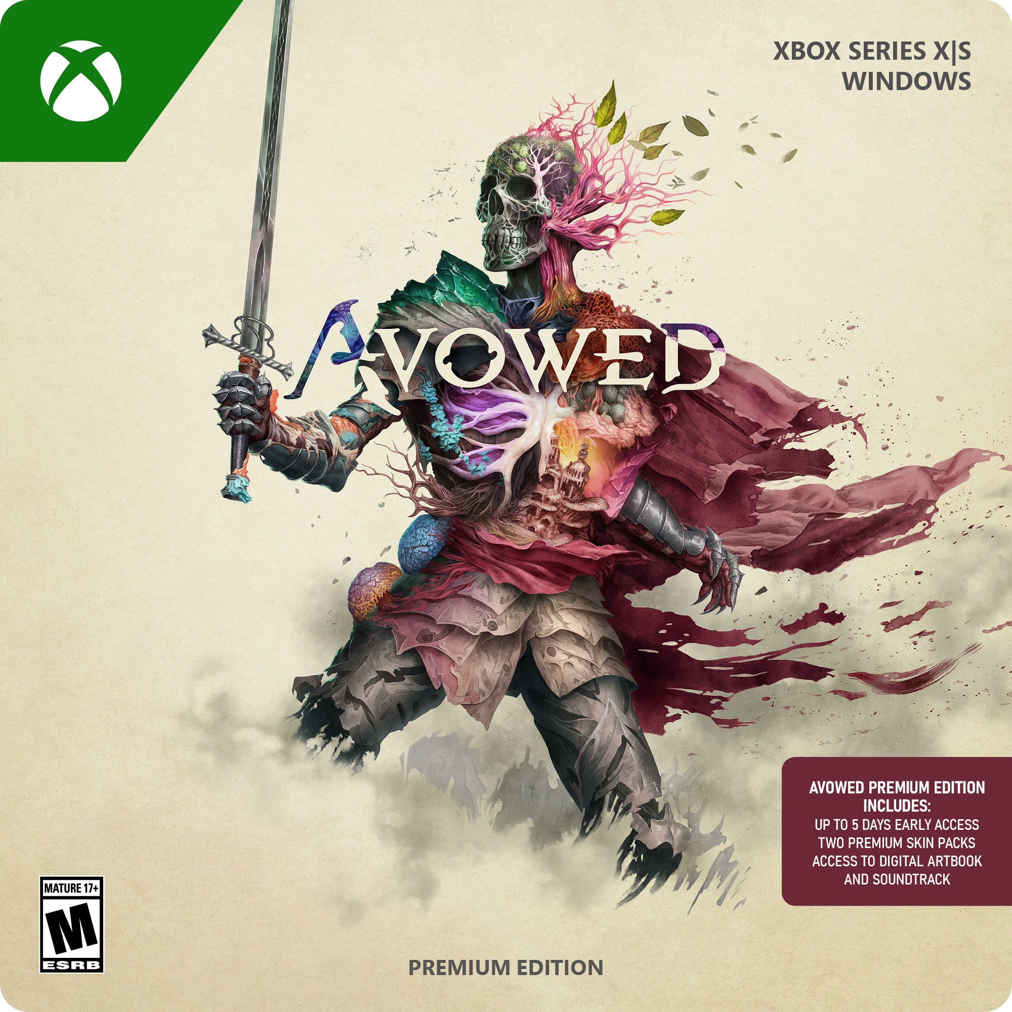 Xbox Series X|S Windows Avowed Premium Edition Mature 13+ M ESRB Includes: Up to 5 days early access, two premium skin packs, access to digital artbook and soundtrack.