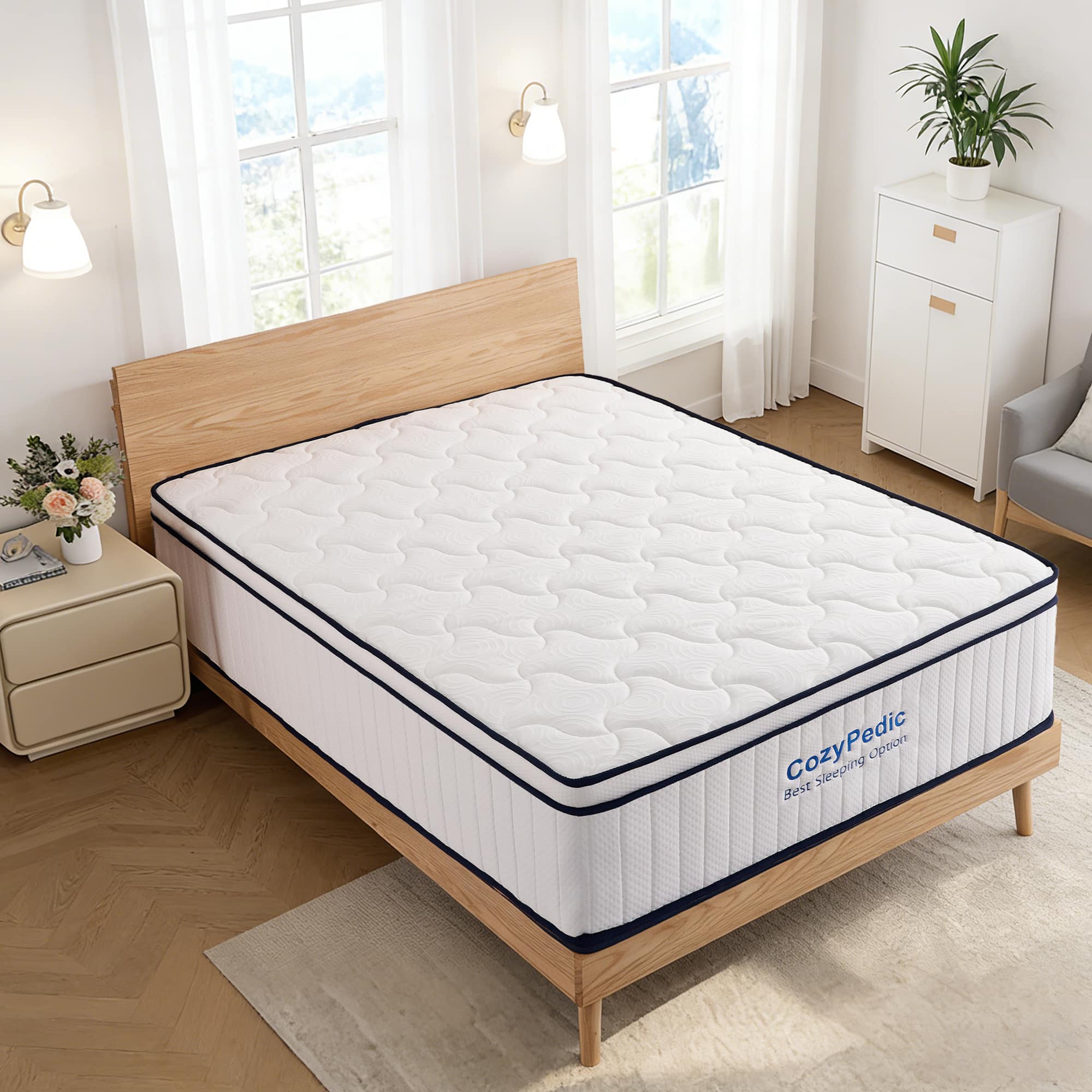 Chery Life - 12 in. Queen Size Medium Firm Mattress Memory Foam with Pocket Springs for Back Pain Relief - White