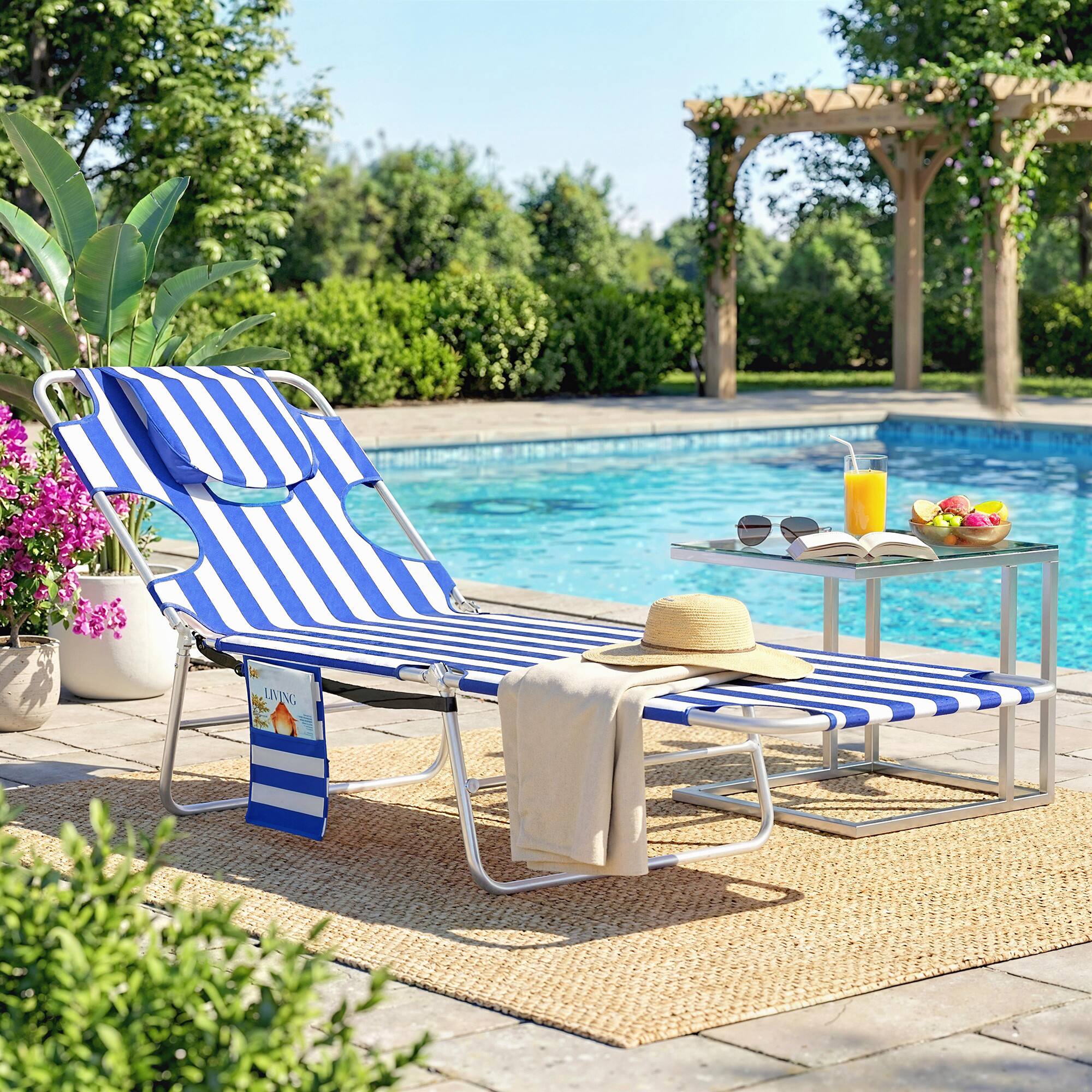 Alt View 1. Outsunny - Chair with Face Hole, 5-Level Adjustable Outdoor Chaise Lounge Chair with Pillow for Beach, Pool - Blue Stripes.