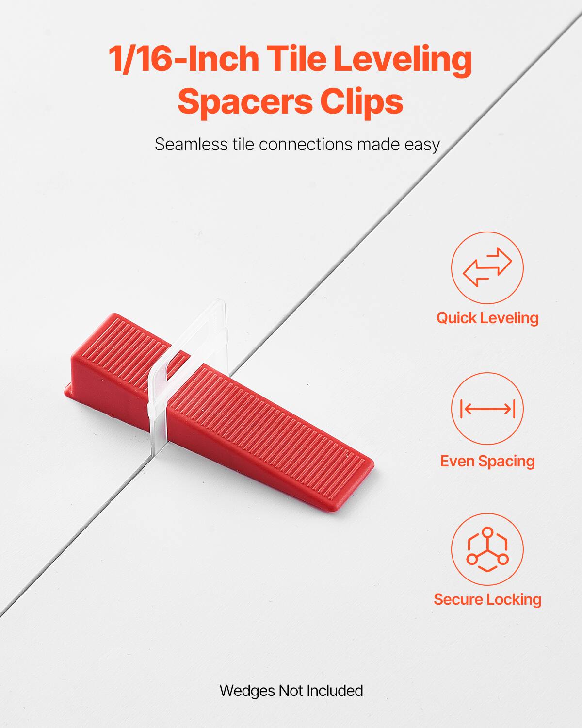 1/16-Inch Tile Leveling Spacers Clips  
Seamless tile connections made easy  

- Quick Leveling  
- Even Spacing  
- Secure Locking  

Wedges Not Included