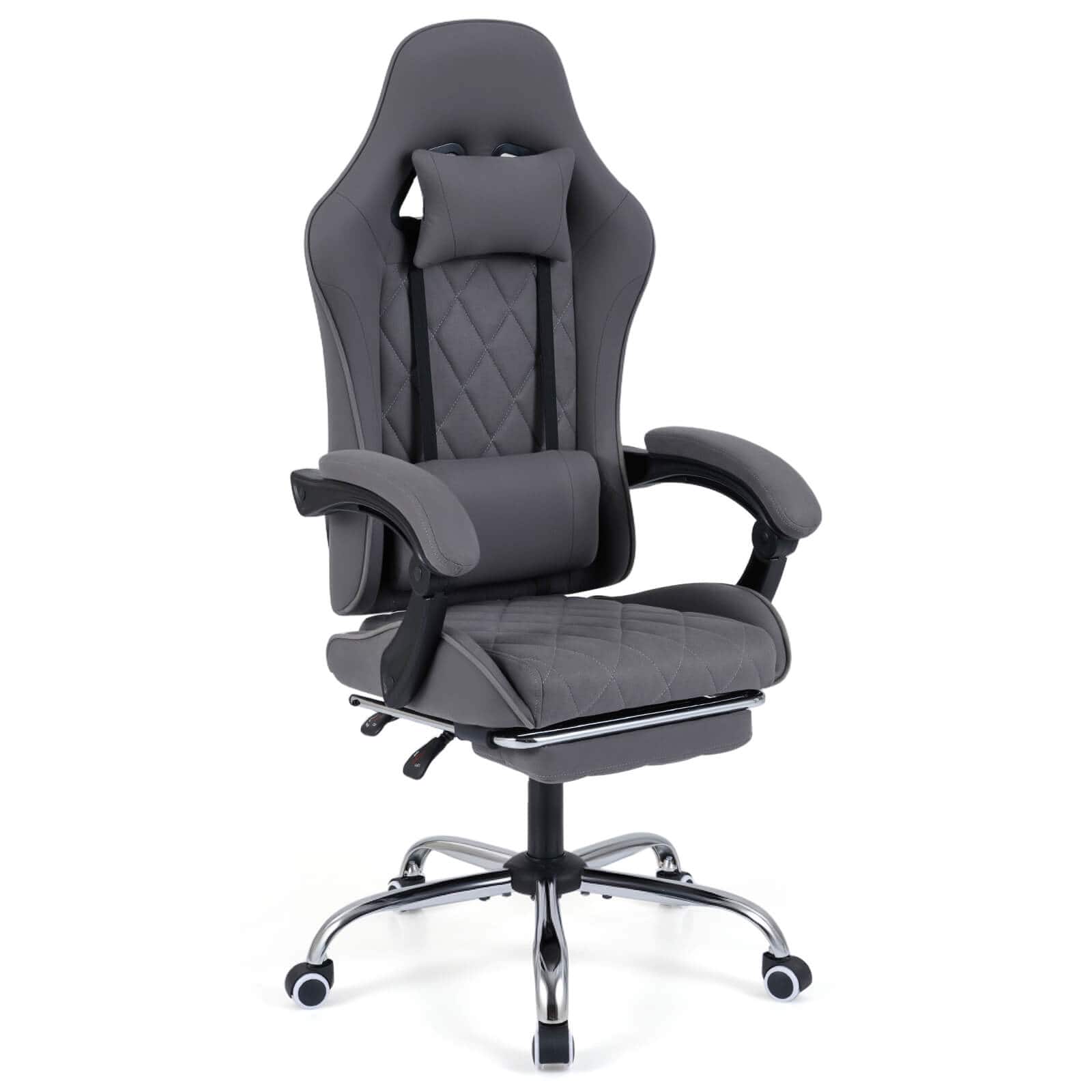 Costway - Gaming Chair with Headrest, Lumbar Support, Linkage Armrests, Reclining Backrest - Gray