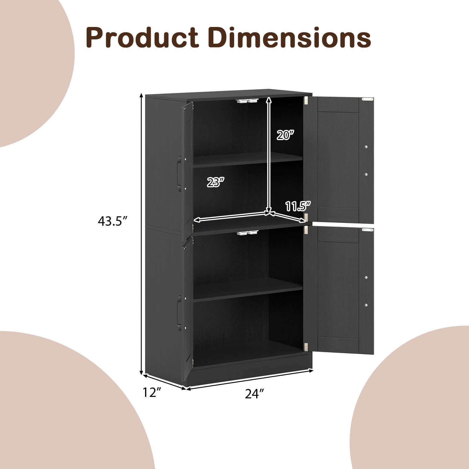 Product Dimensions:  
- Height: 43.5"  
- Width: 24"  
- Depth: 12"  
- Shelf Height: 20"  
- Shelf Depth: 23"  
- Drawer Height: 11.5"
