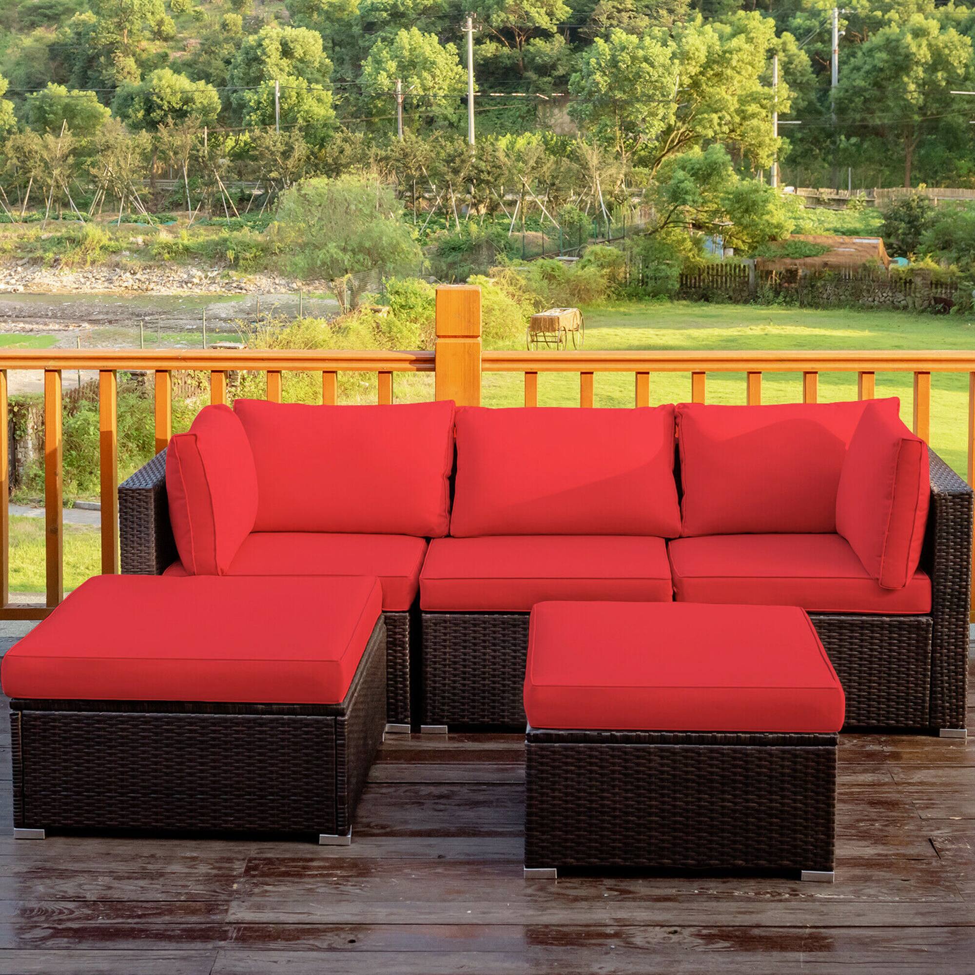 Gymax - 5PCS Rattan Patio Conversation Set Outdoor Furniture Set w/ Ottoman Cushion - Red price history on PriceWatchPro