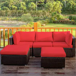 Gymax - 5PCS Rattan Patio Conversation Set Outdoor Furniture Set w/ Ottoman Cushion - Red