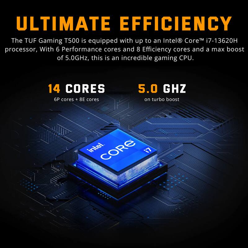 ULTIMATE EFFICIENCY

The TUF Gaming T500 is equipped with up to an Intel® Core™ i7-13620H processor, with 6 Performance cores and 8 Efficiency cores and a max boost of 5.0GHz, this is an incredible gaming CPU.

14 CORES
6P cores + 8E cores

5.0 GHZ
on turbo boost