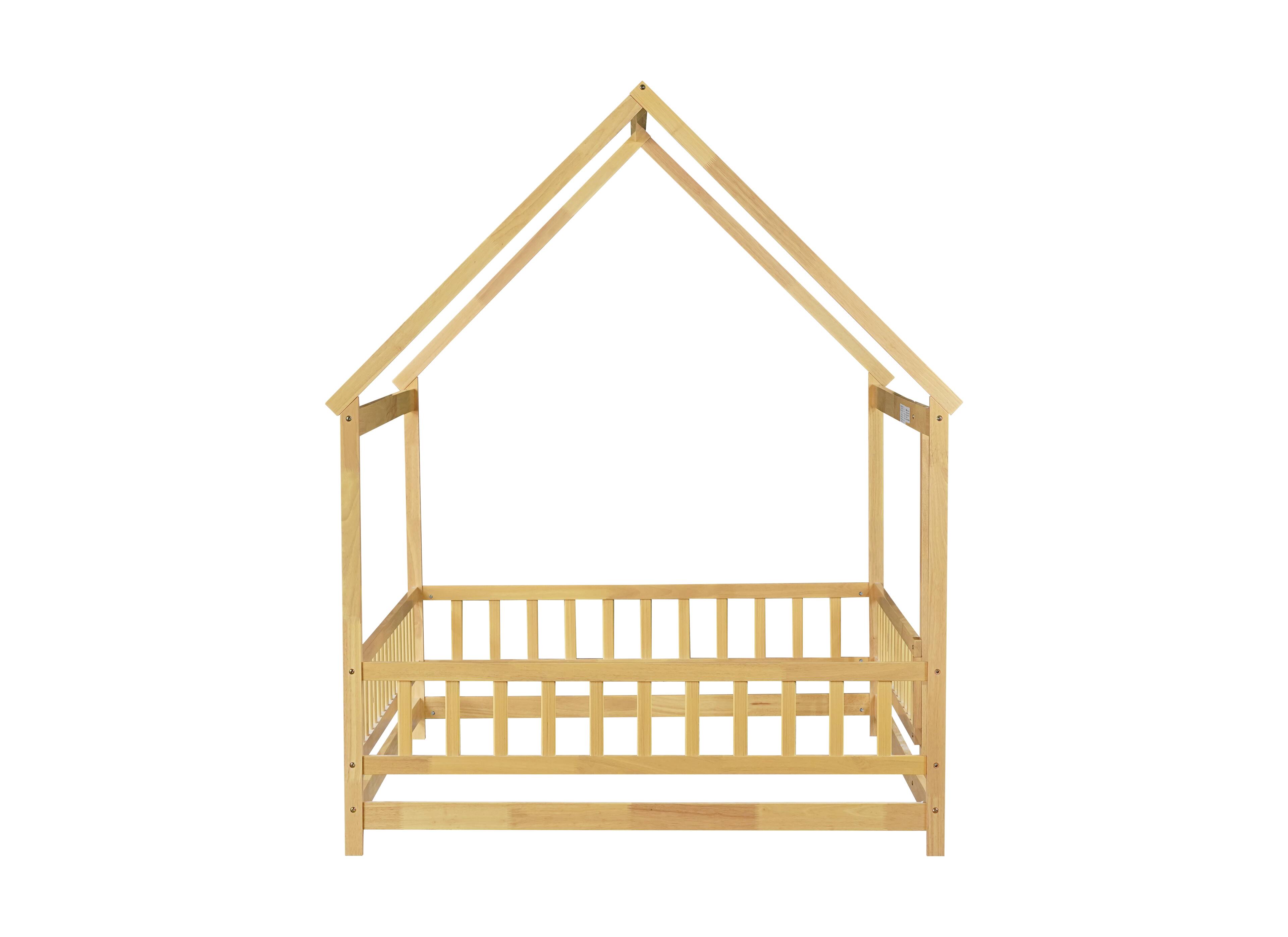 Alt View 9. Tiramisubest - Full Size House Floor Wooden Bed with Roof Frame, Safety Guardrails,Natural - Natural.