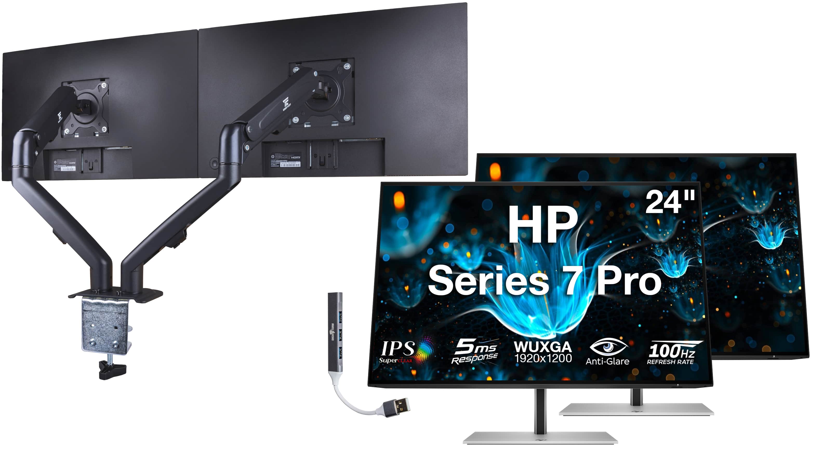 HP - Series 7 Pro 24" WUXGA IPS Monitor, 5ms Response Time, Anti-Glare, HDMI 2 Pack w/DKZ Hub & Ergoflexy Dual Mount Arms - Black/Silver