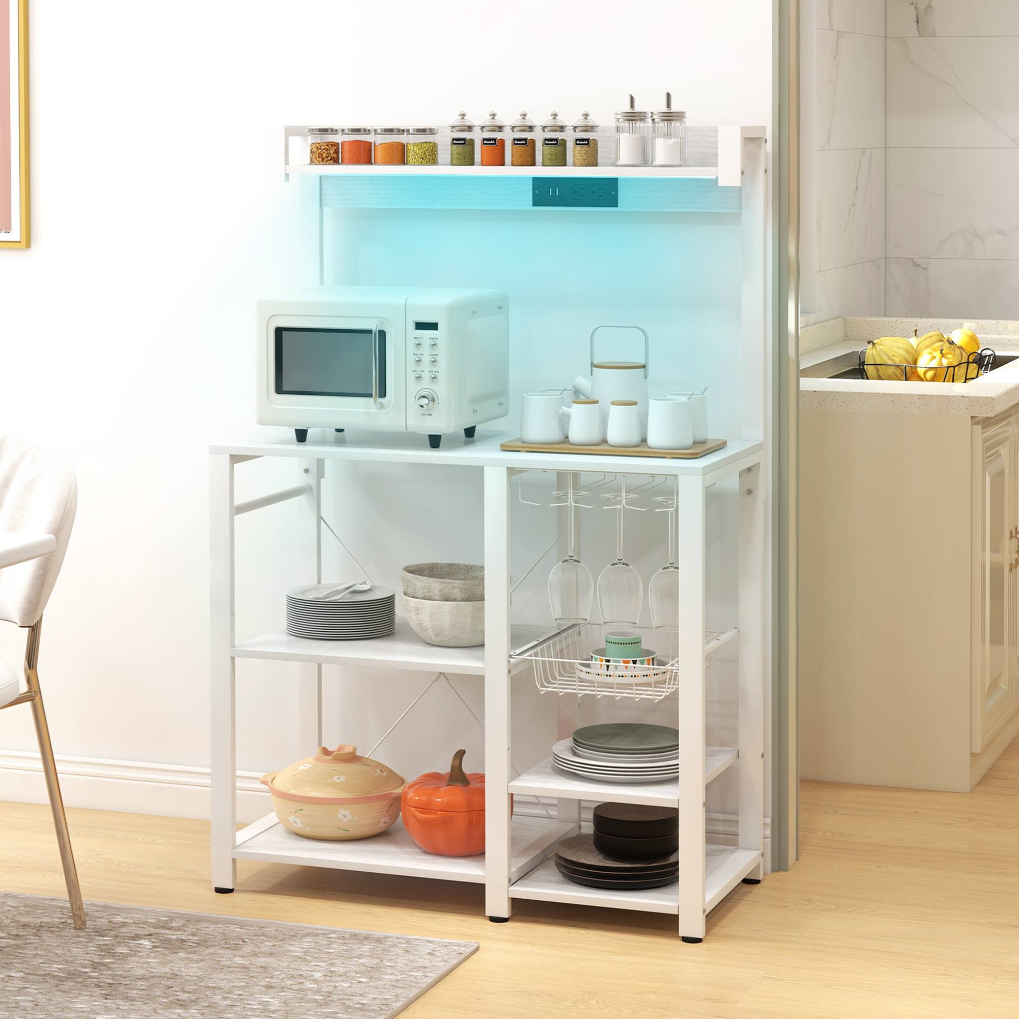 Alt View 1. Homcom - Bakers Racks with Power Outlet & LED Lights, Coffee Bar Table with Storage, Microwave Stand with Glass Holders.