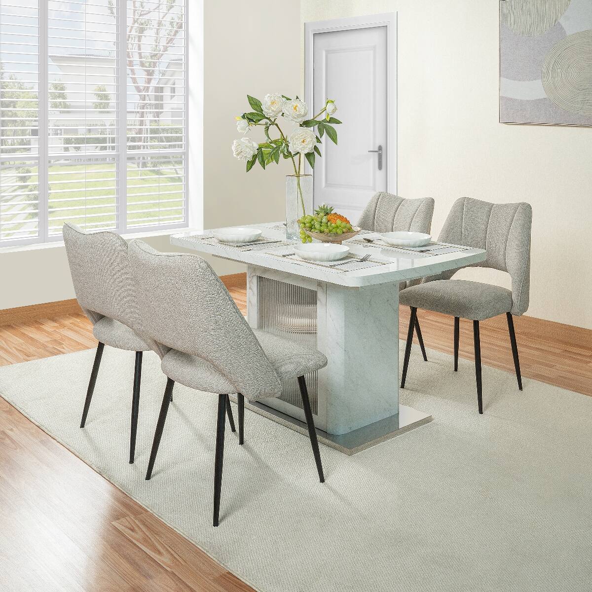 Alt View 1. Loheer - Loheer Extendable Rectangular Dining Table with White Marble Look and Storage Cabinet Base - White.