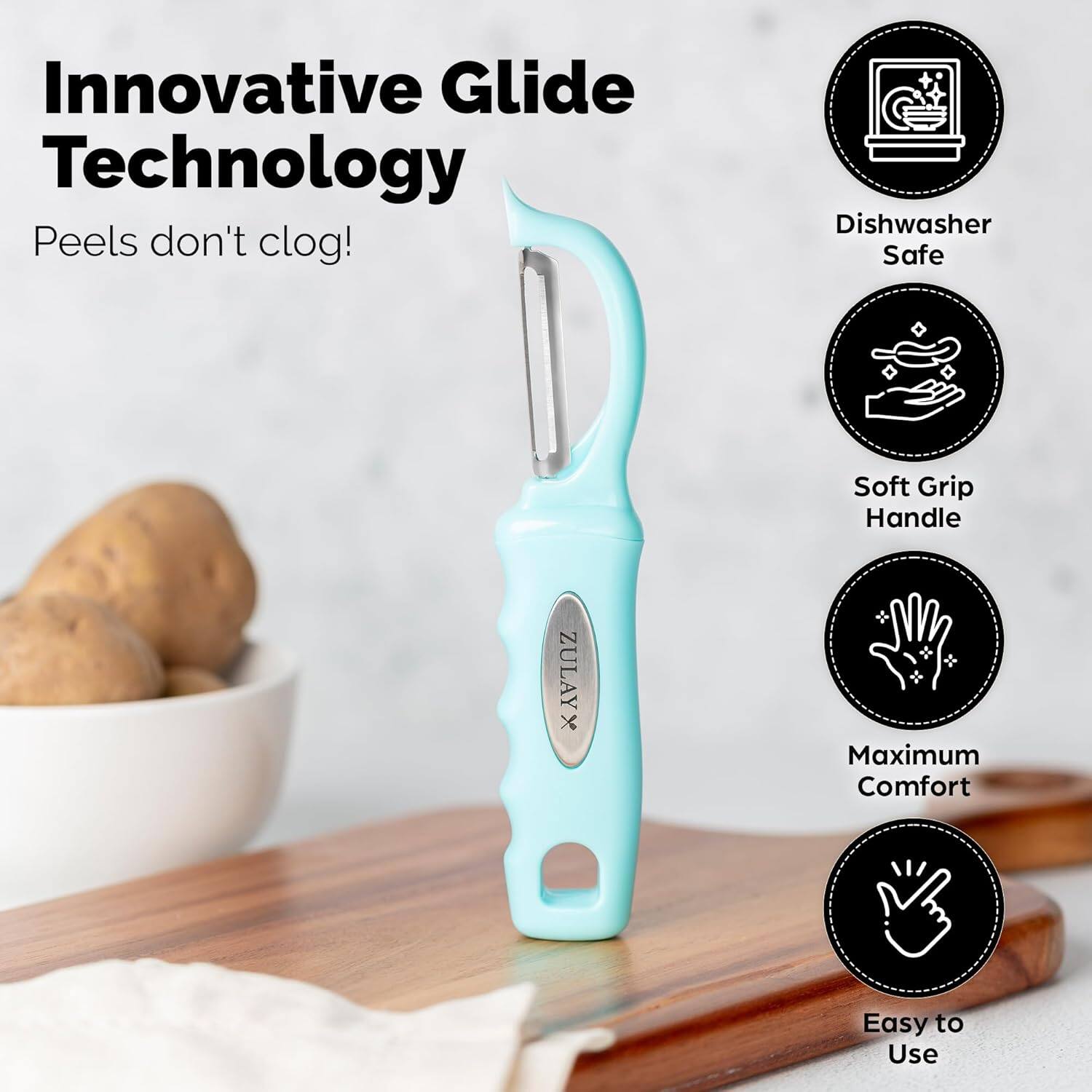 Innovative Glide Technology: Peels don't clog!  
Dishwasher Safe  
Soft Grip Handle  
Maximum Comfort  
Easy to Use