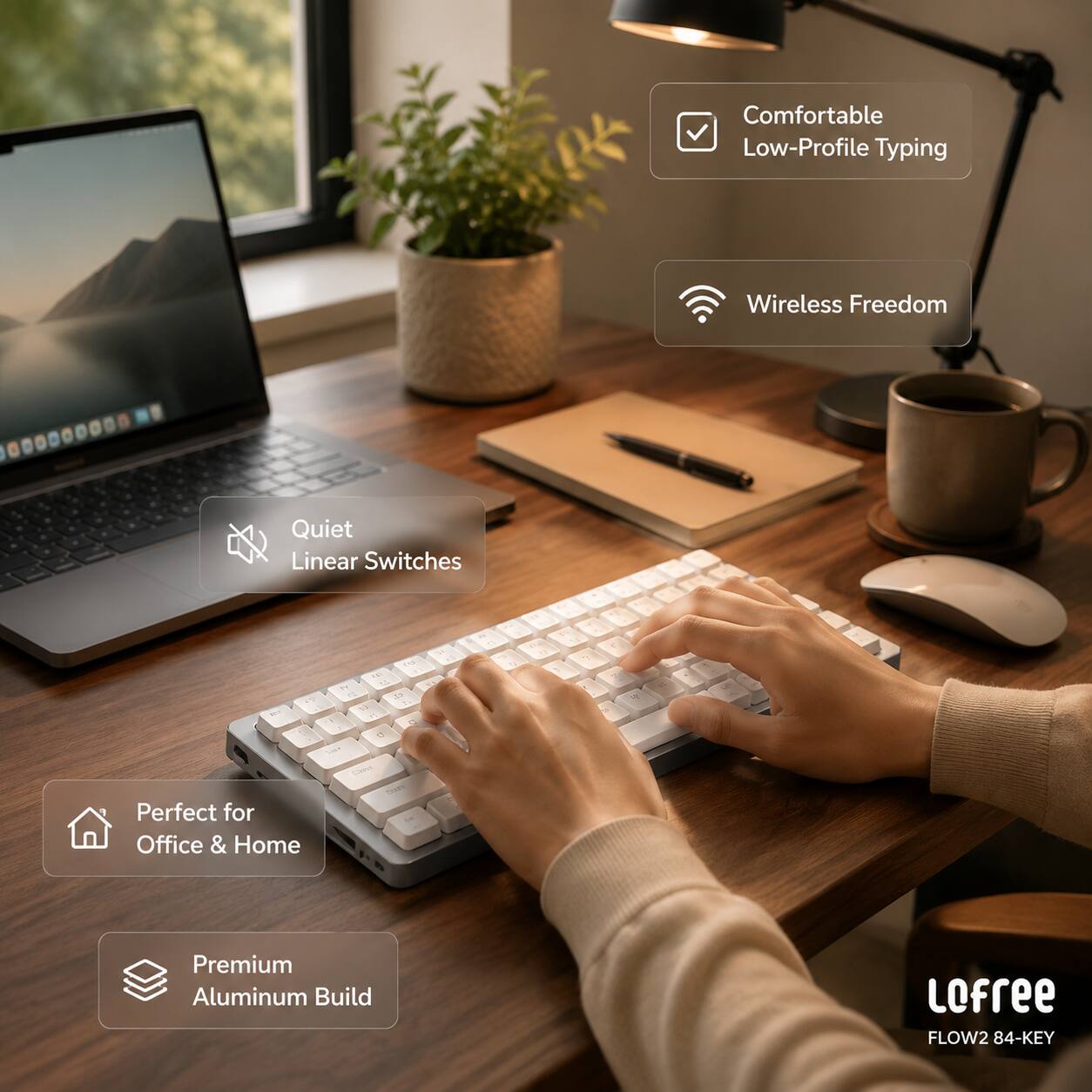 Comfortable Low-Profile Typing  
Wireless Freedom  
Quiet Linear Switches  
Perfect for Office & Home  
Premium Aluminum Build  
LoFree FLOW2 84-KEY