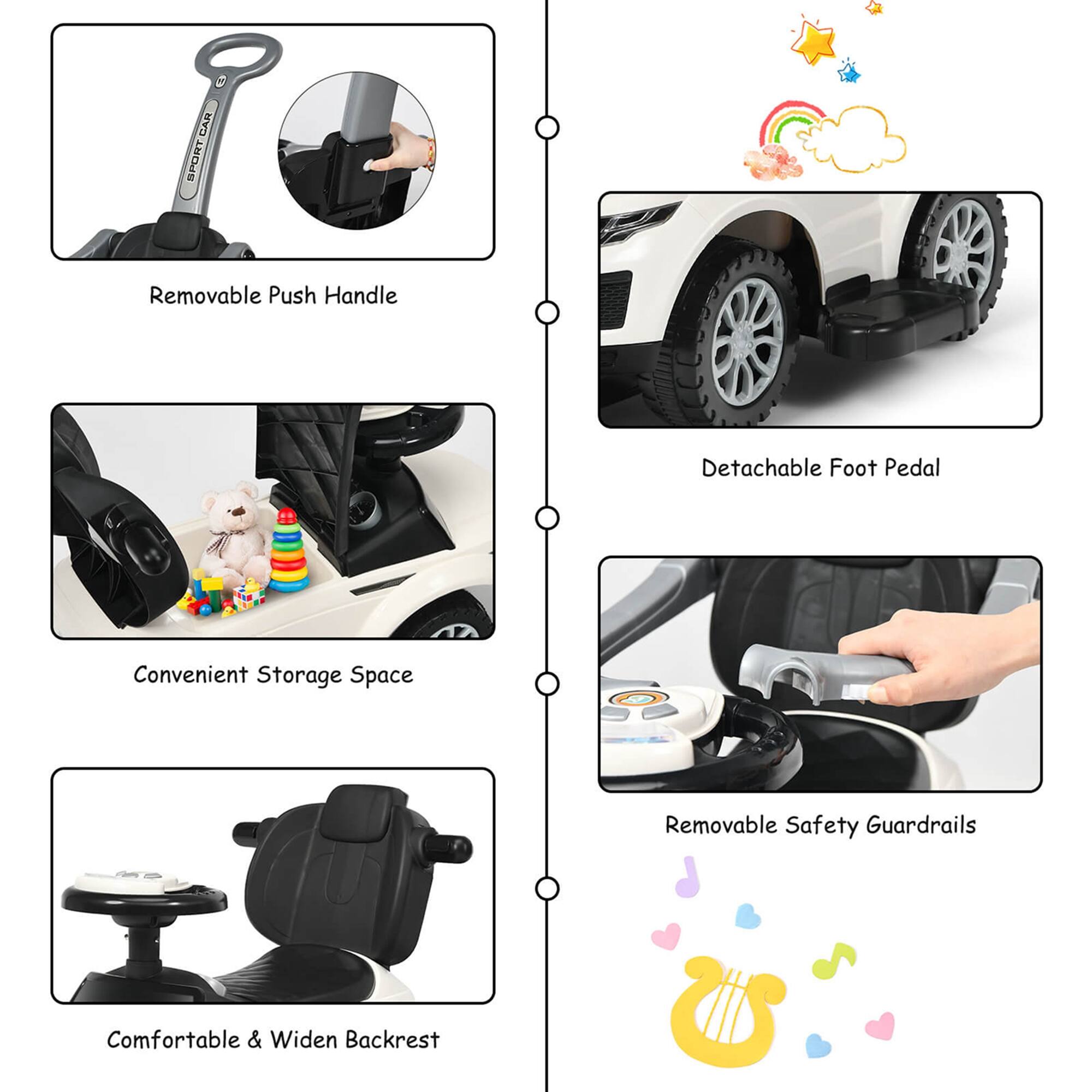 - Removable Push Handle
- Detachable Foot Pedal
- Convenient Storage Space
- Removable Safety Guardrails
- Comfortable & Widen Backrest