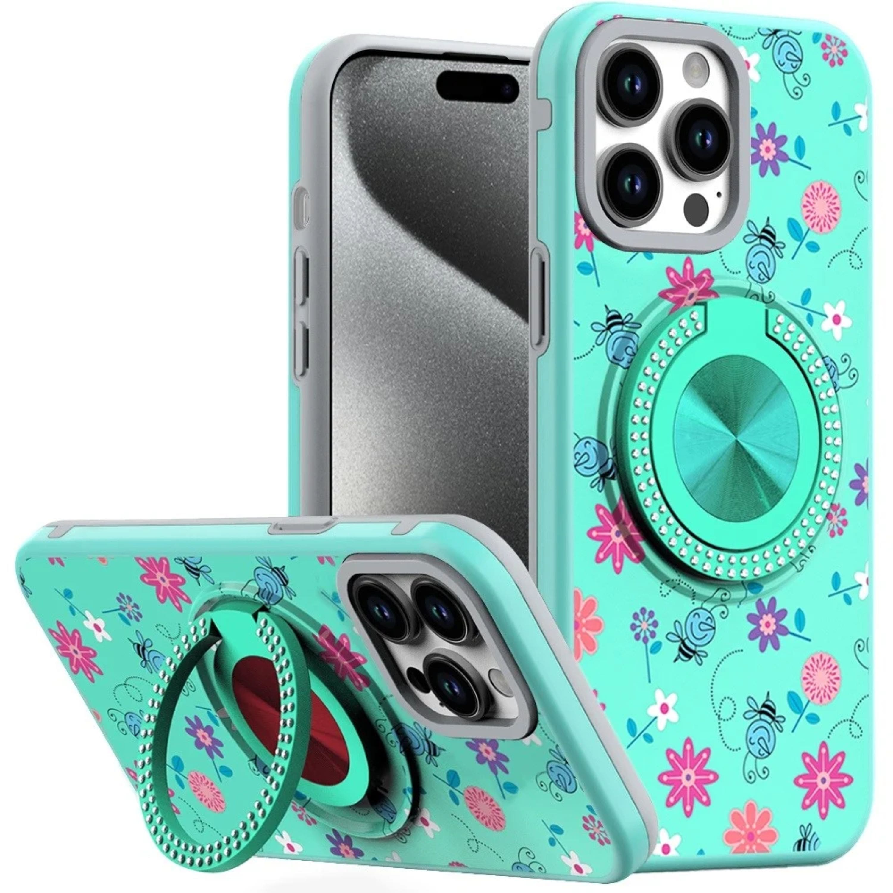 Kitcheniva - Printed Bling Stand Case With 2 Tempered Glass For iPhone 15 Pro Max 6 - Multicolor