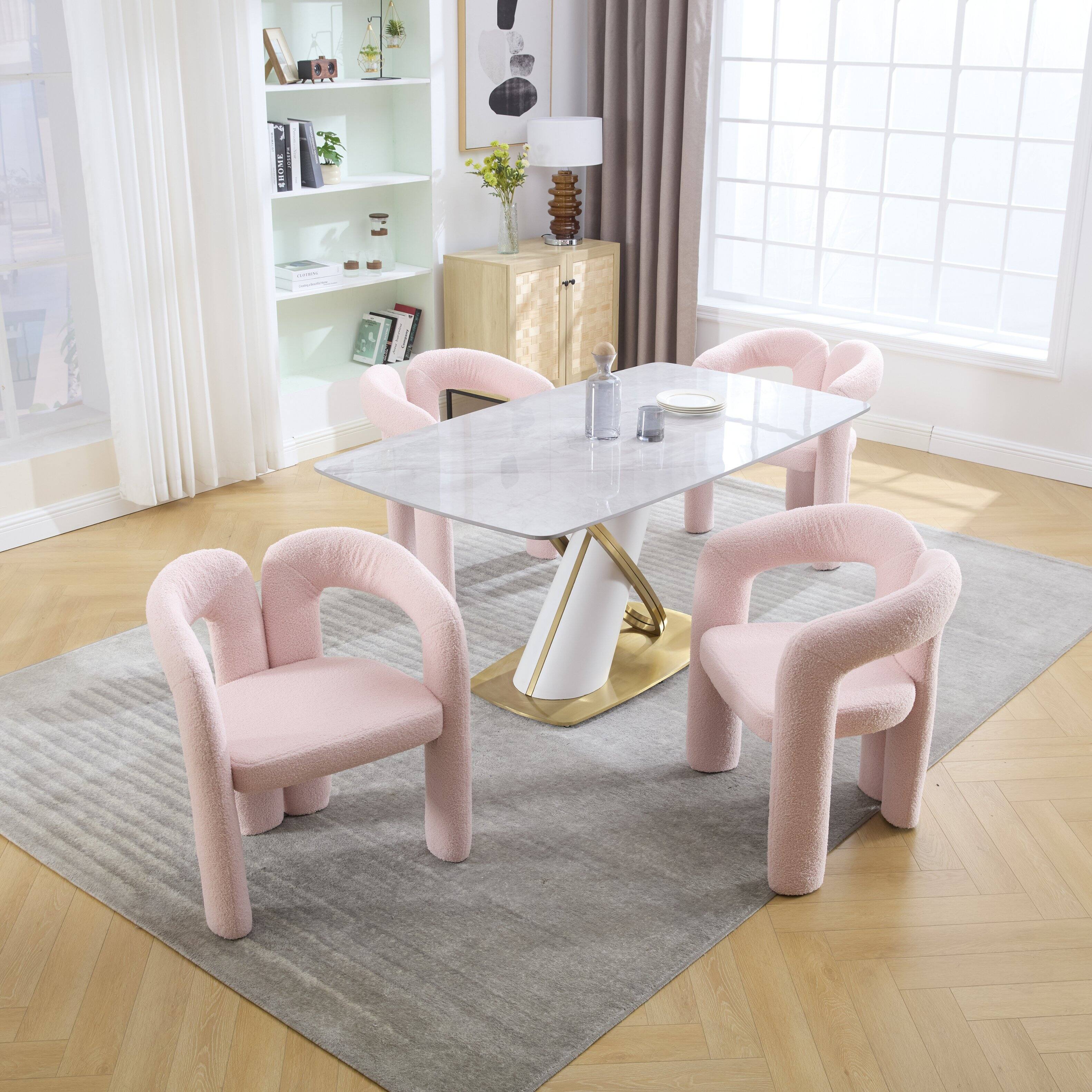 Alt View 2. Trinkets Crazed - Modern Barrel Dining Chairs Set of 2, Teddy Velvet Fabric Upholstered Kitchen  Accent Chairs with Arms/Open Back - Pink.