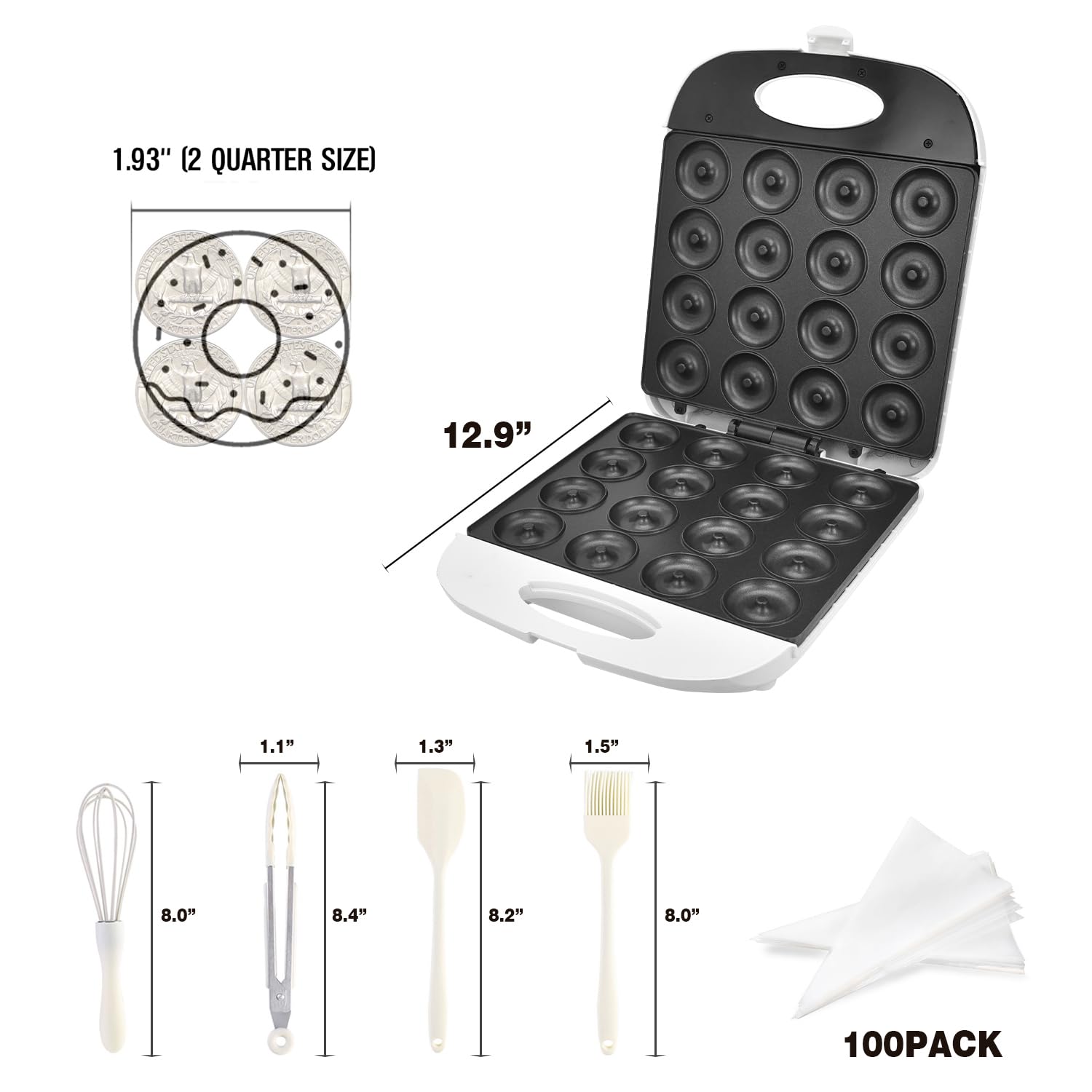 1.93" (2 QUARTER SIZE)  
12.9"  
1.1"  
1.3"  
1.5"  
8.0"  
8.4"  
8.2"  
8.0"  
100PACK