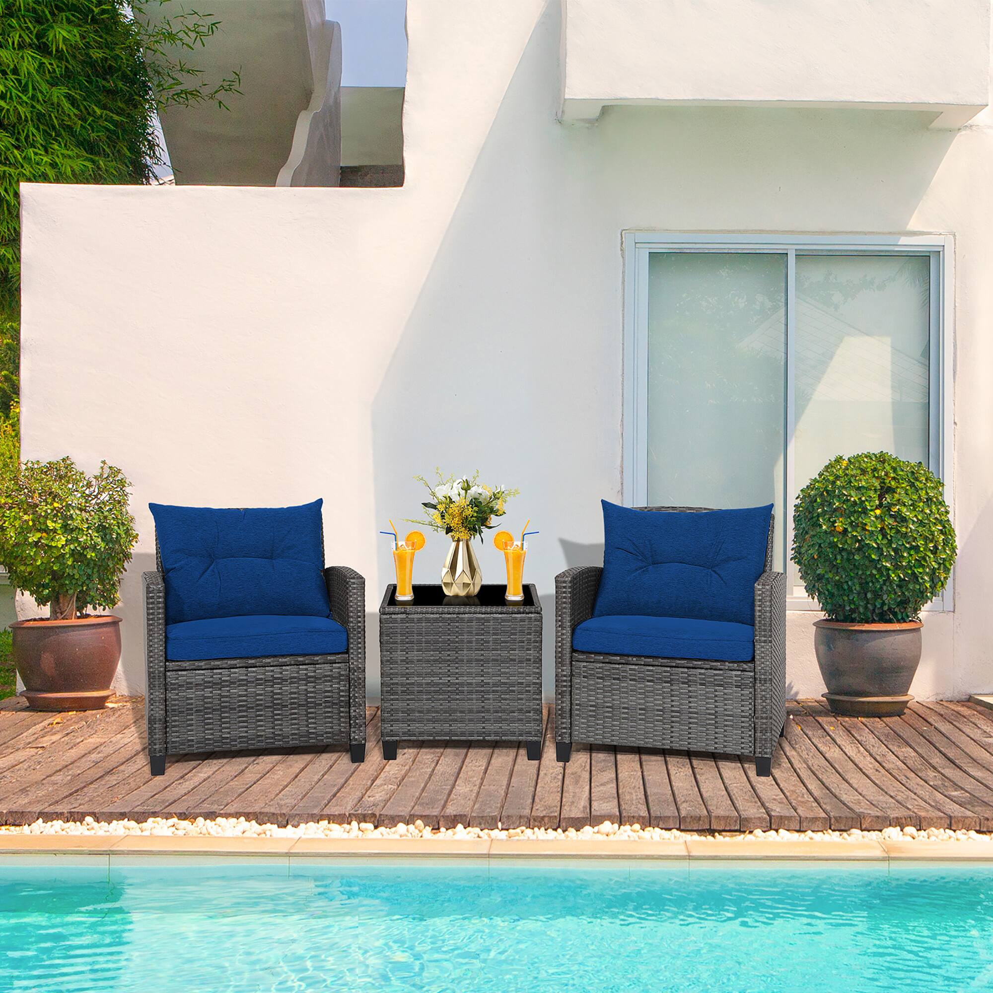 Alt View 3. Gymax - Gymax 3PCS Patio Rattan Sofa Set Outdoor Wicker Conversation Set Glass Tabletop w/ Navy Cushion - Navy.