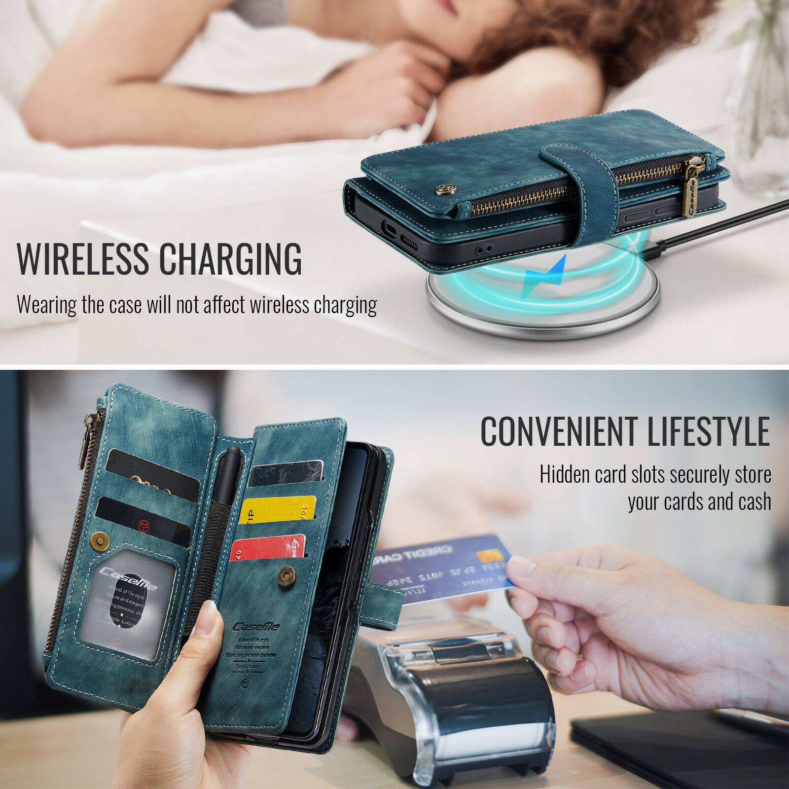 WIRELESS CHARGING  
Wearing the case will not affect wireless charging

Caseme

CONVENIENT LIFESTYLE  
Hidden card slots securely store your cards and cash
