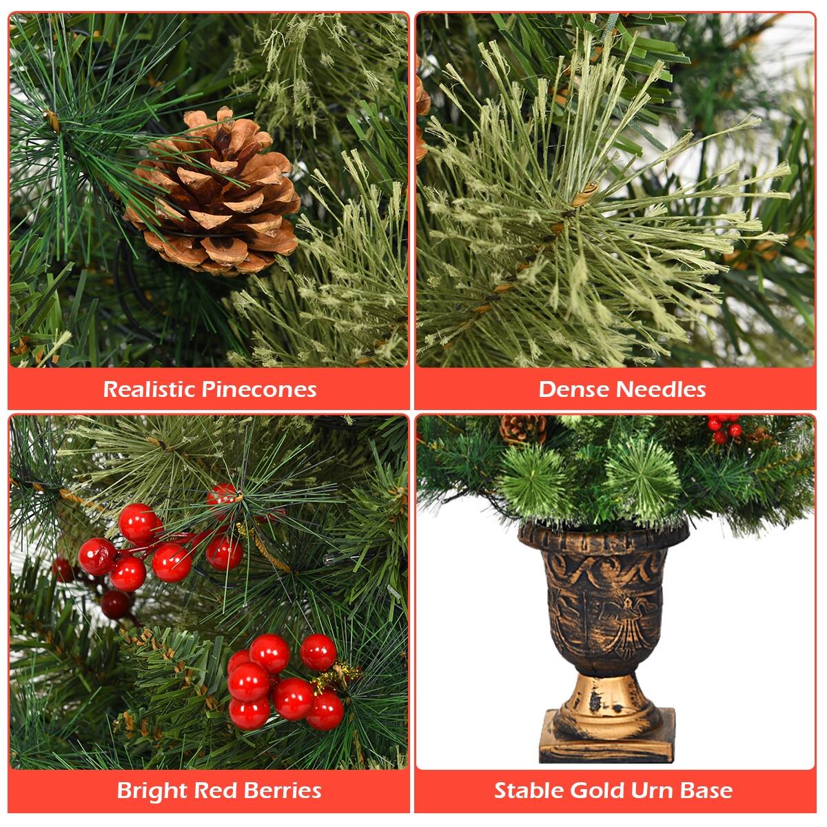 - Realistic Pinecones
- Dense Needles
- Bright Red Berries
- Stable Gold Urn Base