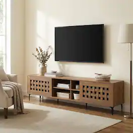 Pefilos - TV for TVs up to 80 with 2 Doors Cabinets, Modern Wooden Media Adjustable Shelves Living Room TV Stand - Brown