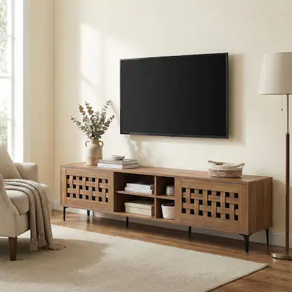 Front. Pefilos - TV for TVs up to 80 with 2 Doors Cabinets, Modern Wooden Media Adjustable Shelves Living Room TV Stand - Brown.