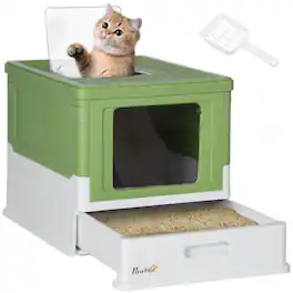 Pawhut - Cat Litter Box with Scoop, Drawer Type Tray, Foldable Smell Proof Cat Potty with Front Entry, Top Exit - Yellowish Green
