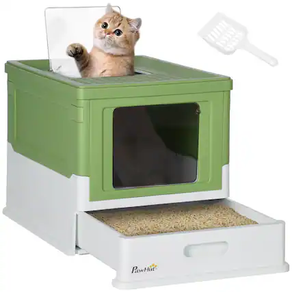 Front. Pawhut - Cat Litter Box with Scoop, Drawer Type Tray, Foldable Smell Proof Cat Potty with Front Entry, Top Exit - Yellowish Green.
