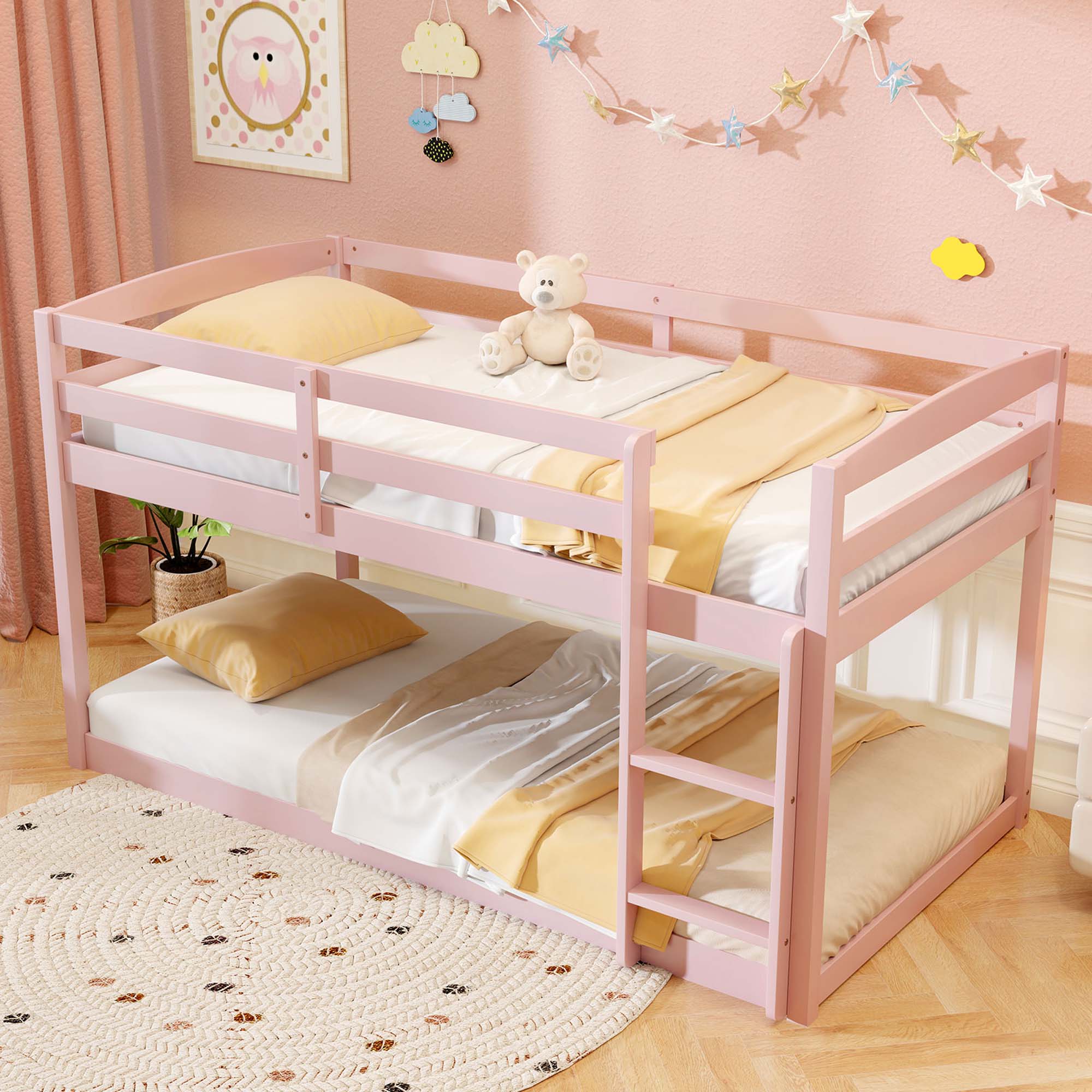 Alt View 1. Costway - Costway Twin over Twin Low Bunk Bed with Guardrails Integrated Ladder Kids Wooden White Pink - Pink.