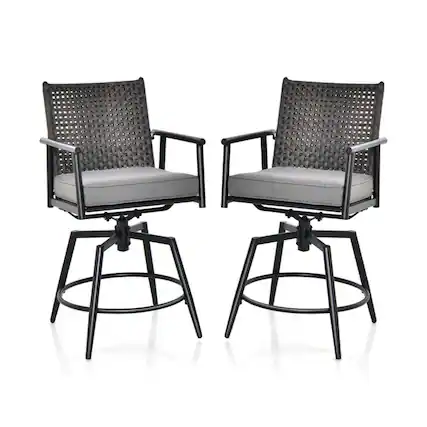 Front. Boyel Living - Black Swivel Rattan Metal Set of 2 PE Rattan Bar Stools - Black.