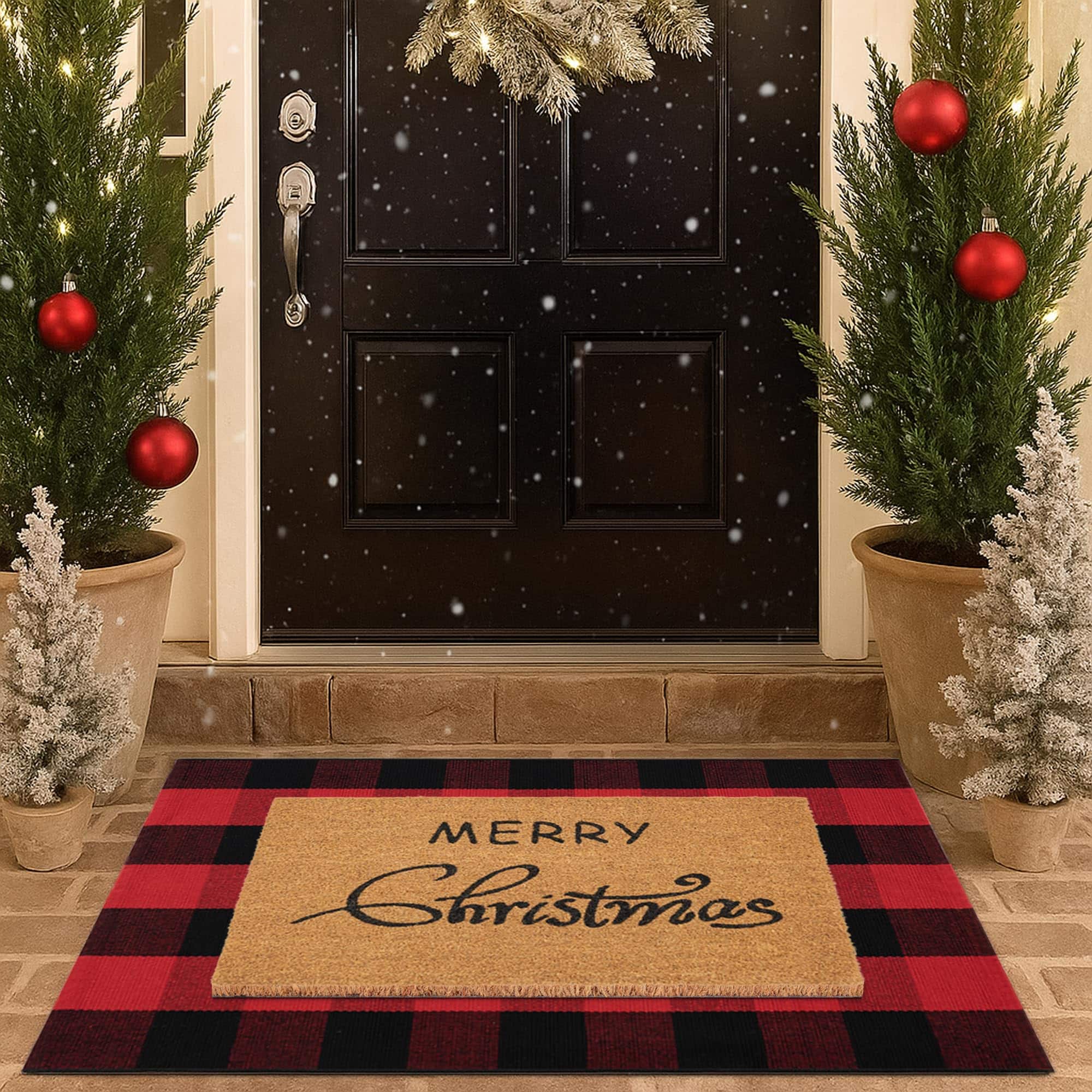 Fabibe - 28 X 43 RED WHITE Cotton Indoor Outdoor CHRISTMAS DOOR MAT COMBO SET 100% COCO COIR WELCOME MAT INCH AND PLAID - Red Black Plaid 2'4" x 3'7" (Rectangular)