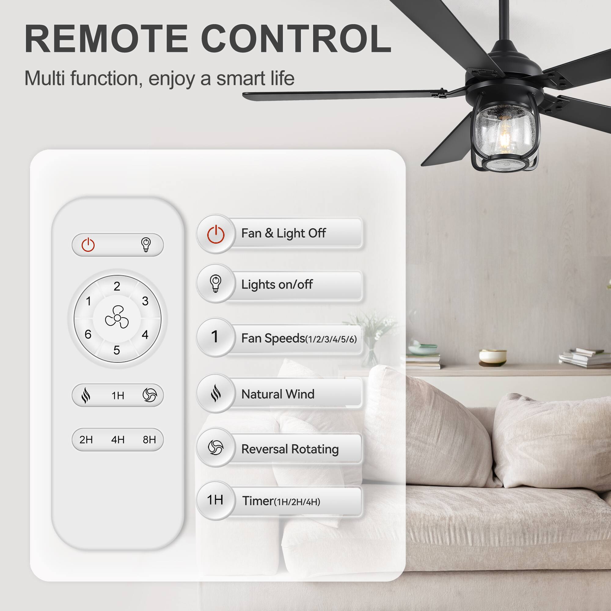 REMOTE CONTROL  
Multi function, enjoy a smart life

- Fan & Light Off
- Lights on/off
- Fan Speeds (1/2/3/4/5/6)
- Natural Wind
- Reversal Rotating
- Timer (1H/2H/4H)
