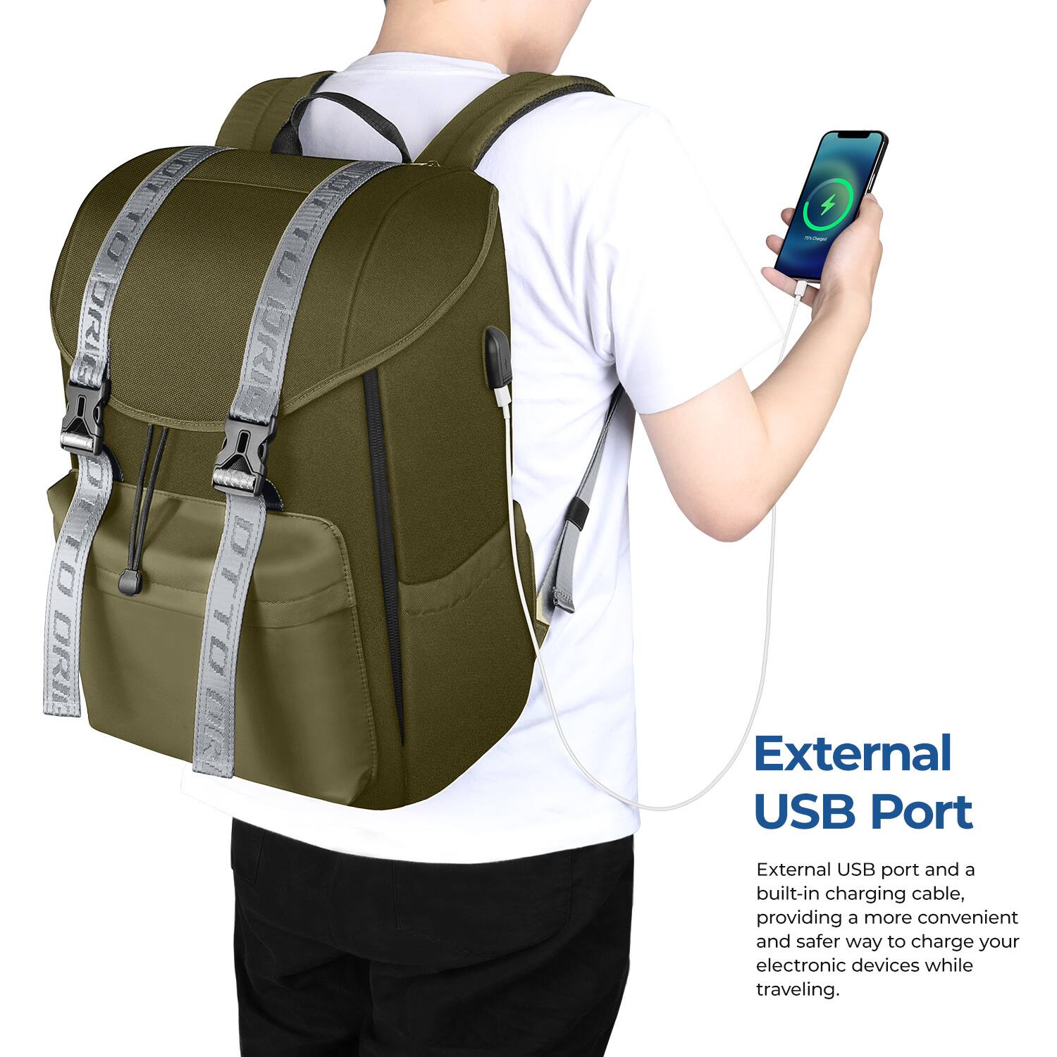 External USB Port

External USB port and a built-in charging cable, providing a more convenient and safer way to charge your electronic devices while traveling.