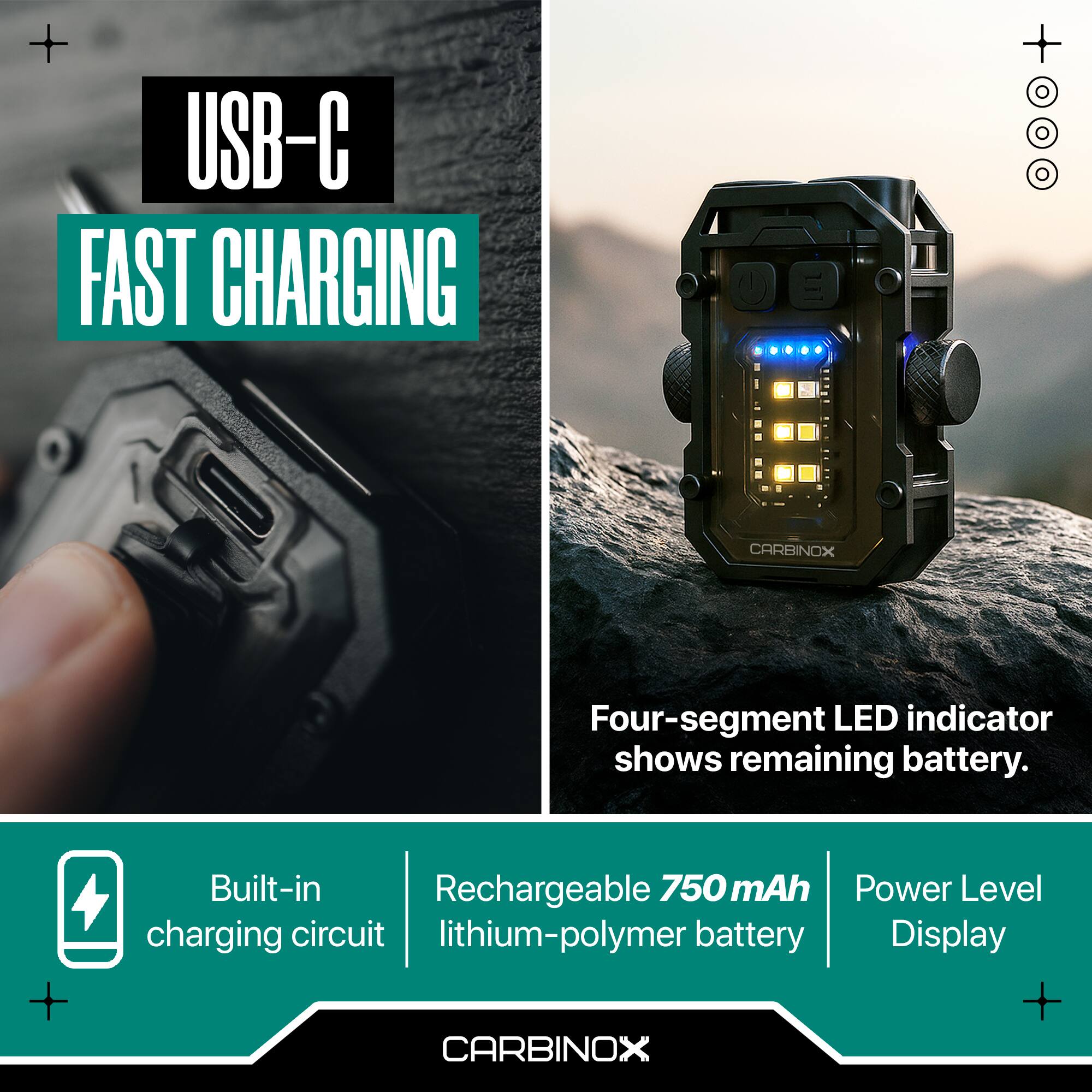 - USB-C FAST CHARGING
- Four-segment LED indicator shows remaining battery.
- Built-in Rechargeable 750 mAh Power Level charging circuit lithium-polymer battery Display
- CARBINOX