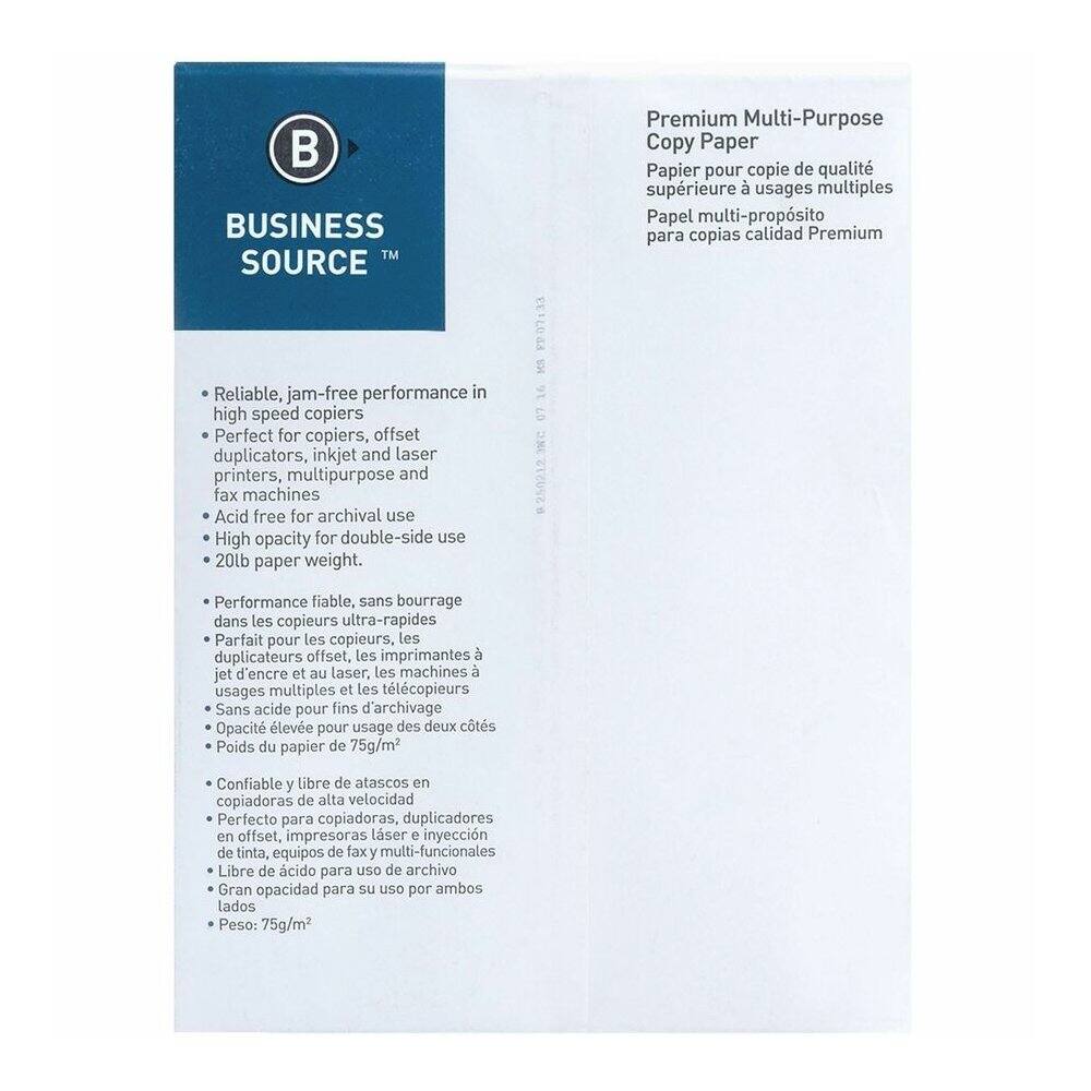BUSINESS SOURCE™

Premium Multi-Purpose Copy Paper

- Reliable, jam-free performance in high speed copiers
- Perfect for copiers, offset duplicators, inkjet and laser printers, multipurpose and fax machines
- Acid free for archival use
- High opacity for double-side use
- 20lb paper weight

- Performance fiable, sans bourrage dans les copieurs ultra-rapides
- Parfait pour les copieurs, les duplicateurs offset, les imprimantes à jet d'encre et au laser, les machines à usages multiples et les télécopieurs
- Sans acide pour fins d'archivage
- Opacité élevée pour usage des deux côtés
- Poids du papier de 75g/m²

- Confiable y libre de atascos en copiadoras de alta velocidad
- Perfecto para copiadoras, duplicadores en offset, impresoras láser e inyección de tinta, equipos de fax y multi-funcionales
- Libre de ácido para uso de archivo
- Gran opacidad para su uso por ambos lados
- Peso: 75g/m²