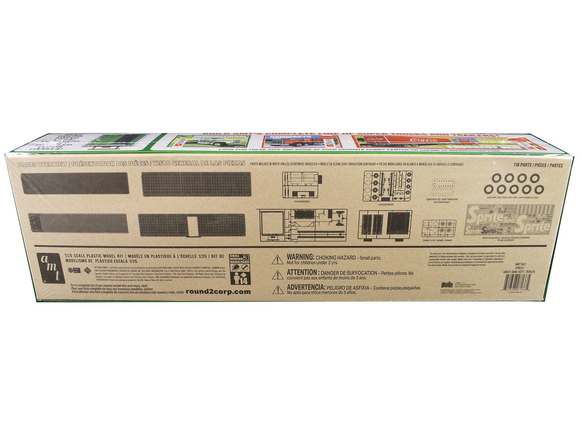Sure, here is the corrected and grouped text from the image:

---

**1/25 SCALE PLASTIC MODEL KIT | MODÈLE EN PLASTIQUE À L'ÉCHELLE 1/25 | MODELO DE PLÁSTICO ESCALA 1/25**

**PARTS OVERVIEW | PRÉSENTATION DES PIÈCES | VISTA GENERAL DE LAS PIEZAS | PARTS OVERVIEW | PRESENTATION DES PIÈCES | VISTA GENERAL DE LAS PIEZAS**

**118 PARTS | 118 PARTS | 118 PARTES**

**WARNING: CHOKING HAZARD - Small parts. Not for children under 3 yrs.**

**ATTENTION: DANGER DE SUFFOCATION - Petites pièces. Ne convient pas aux enfants de moins de 3 ans.**

**ADVERTENCIA: PELIGRO DE ASFIXIA - Contiene piezas pequeñas. No apto para niños menores de 3 años.**

**round2corp.com**

**SKILL LEVEL: 3**

**For a complete list of our new releases, visit: www.round2corp.com**

**For a complete list of our