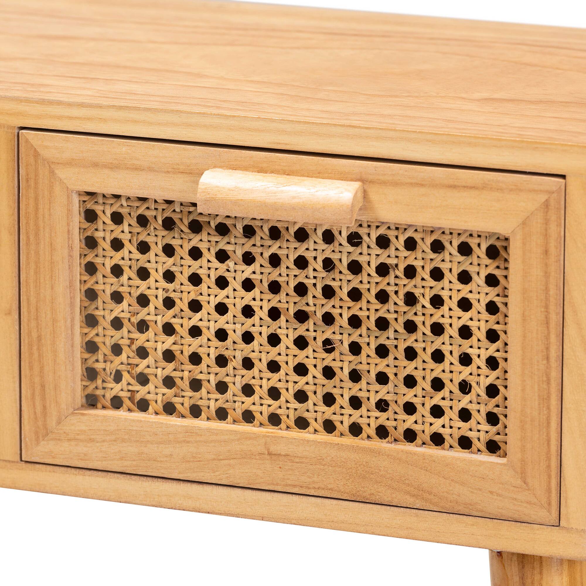 Alt View 1. Baxton Studio - Falan Mid-Century Modern Finished Wood 2-Drawer Console Table with Rattan - Brown/Oak Brown.