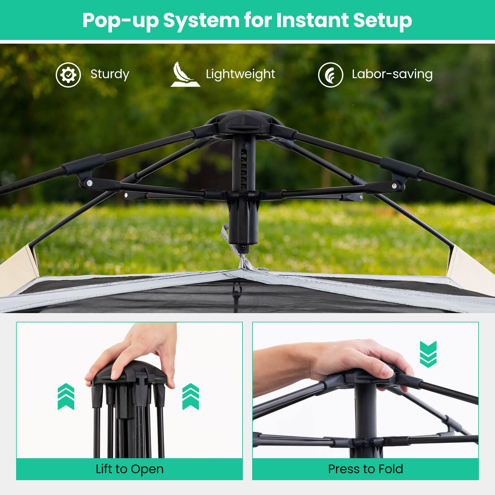 Pop-up System for Instant Setup: Sturdy, Lightweight, Labor-saving, Lift to Open, Press to Fold.