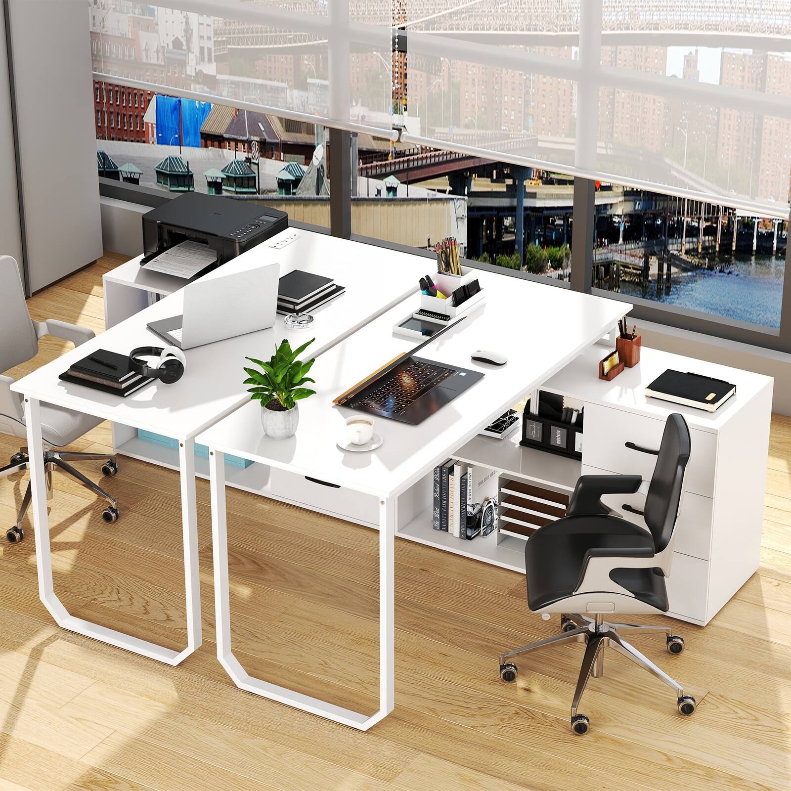 Alt View 4. Costway - Costway L-Shaped Desk with Power Outlet 55" Reversible Computer Desk with 3 Drawers - White.