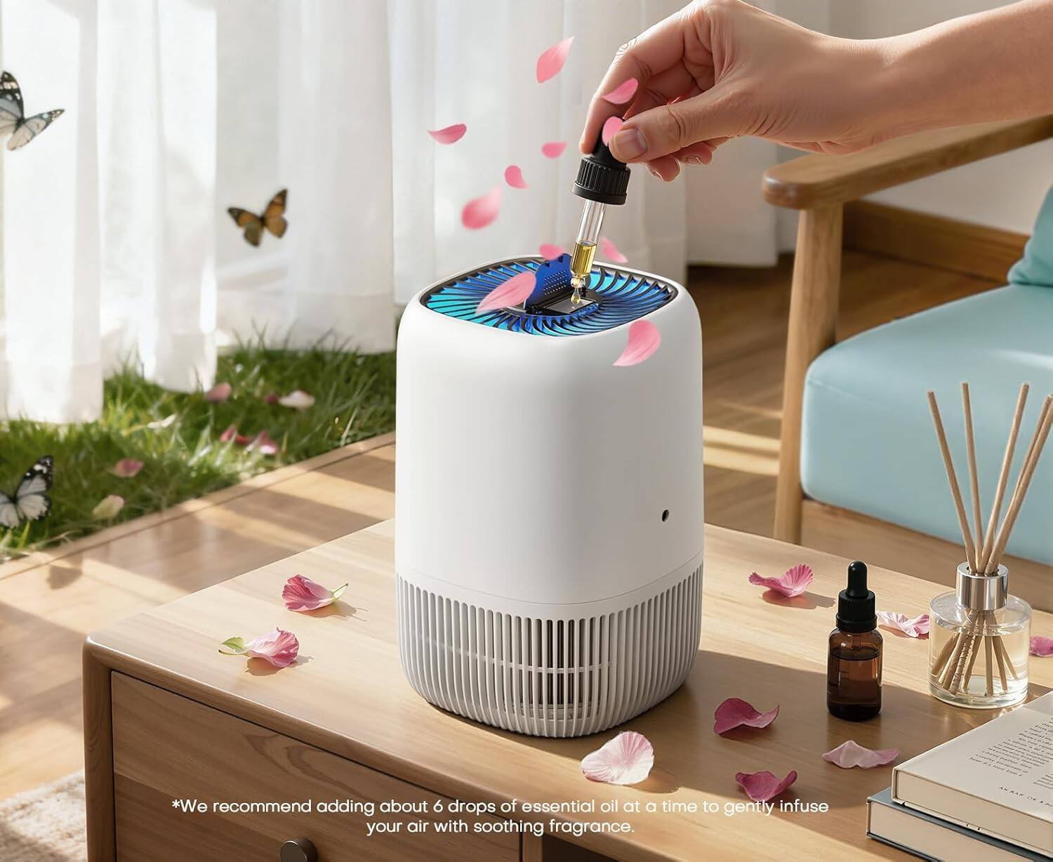 *We recommend adding about 6 drops of essential oil at a time to gently infuse your air with soothing fragrance.